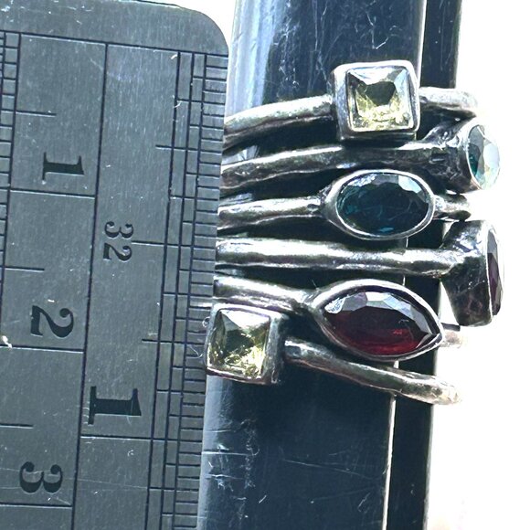 Bundle Lot of 6 Hammered Stacking Silver Gun Metal Crystal Colorful Stone Rings - Picture 5 of 9